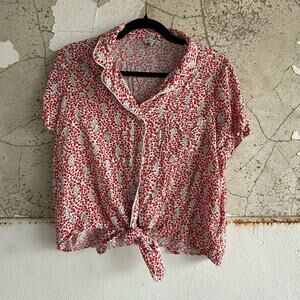 Red Floral Tie Front Button Down Shirt Short Sleeve Viscose Top L